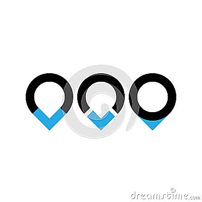 Set of three original map pointers - navigation pins. Simple flat vector objects in black and blue Vector Illustration