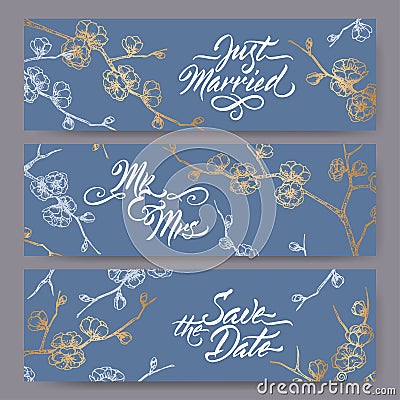 Set of three original wedding banners based on blooming plum branch sketch on blue and brush calligraphy. Vector Illustration