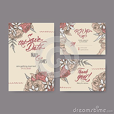 Set of three original attractive wedding cards based on bouquet vintage sketch and brush calligraphy. Vector Illustration