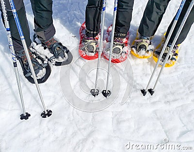set of three pairs of snowshoes or rackets of snow and two ski poles of a group of sport people on the snow ready to walk on the Editorial Stock Photo