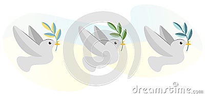 Set of three peace doves with decorative branches. A flying dove, a proud bird with an olive branch. The symbol of peace Stock Photo