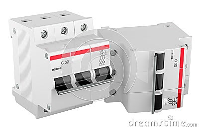 Set of three-pole miniature circuit breakers. 3D rendering Stock Photo