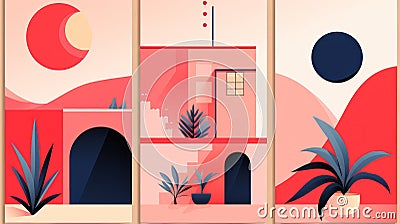 a set of three posters with a house sun and a potted plant Stock Photo