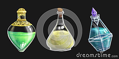 Set of three potion bottles Stock Photo