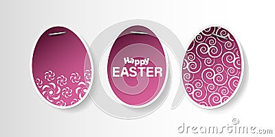 Set of Three Purple Lit Stapled Painted,Patterned Paper Easter Eggs Vector Illustration