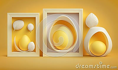 a set of three realistic eggs in a box with shells on a yellow background, with a shadow of a shell, and a shadow of a shell in a Stock Photo