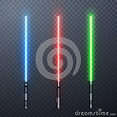 Set of three realistic light swords isolated on transparent background. Vector illustration Vector Illustration