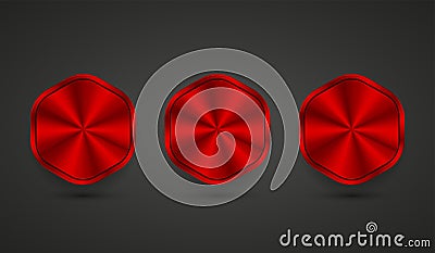 Set of three red Hexagon shapes Red Abstract button, red blank button template with red metal texture-chrome, silver, steel, Stock Photo