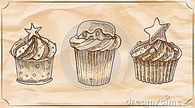 Set of three retro delicious muffins with the cream, chocolate and strawberry. Vector Illustration