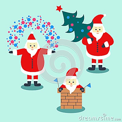 Set of three Santa Claus with holiday decoration. Vector Illustration