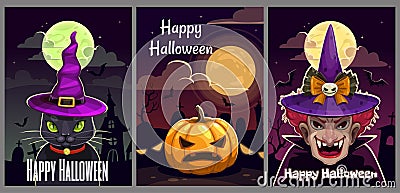 Set of three scary Halloween posters. Helloween greeting cards set. Vector Illustration