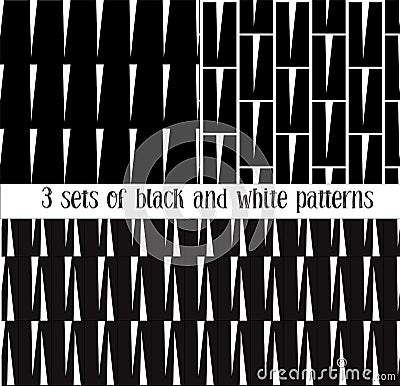 Set of three seamless black and white patterns. Vector Illustration