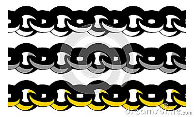 Set of three seamless brushes of metallic chains as design elements. Vector color illustration Vector Illustration