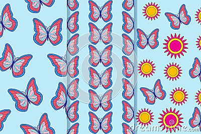 Set of three seamless patterns with butterflies and flowers in one style. Can be used for tile, wallpaper, textiles, wrapping, Cartoon Illustration