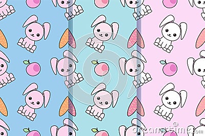 Set of three seamless patterns with with cartoon cute rabbits. Childish background. Vector kawaii illustration. EPS10. Vector Illustration