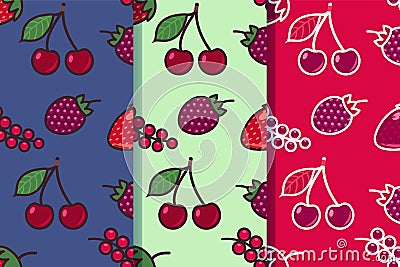 Set of three seamless patterns with different berries in one style. Colorful illustration, eps10 Cartoon Illustration