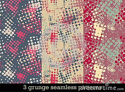 Set with three seamless patterns in grunge style with colorful halftone prints Vector Illustration