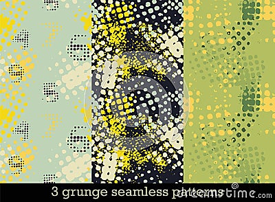 Set with three seamless patterns in grunge style with colorful halftone prints Vector Illustration