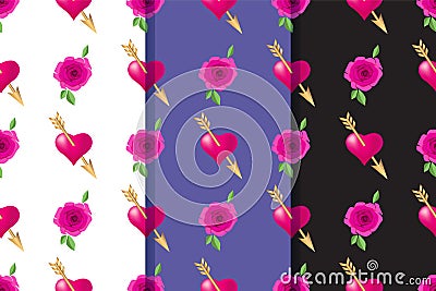 Set of three seamless patterns with hearts pierced by golden arrows and roses. Valentines Day holidays typography. Vector Illustration