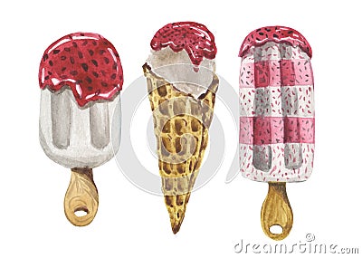 A set of three servings of ice cream, two on a stick and one in a waffle cone with raspberry jam Stock Photo