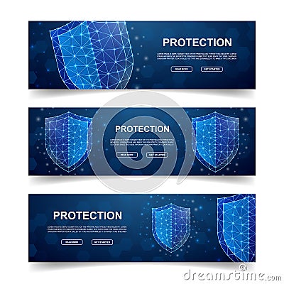 Set of three Shield horizontal banners. Horizontal illustration for homepage design, promo banner. Antivirus low poly Vector Illustration