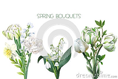 Set of three spring bouquets with snowdrops Vector Illustration