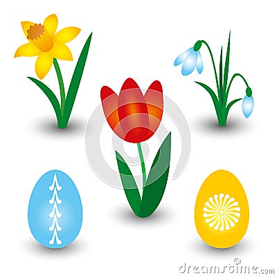 Set of three spring flowers and two easter eggs with pattern - red tulip, yellow daffodil and white snowdrop Vector Illustration