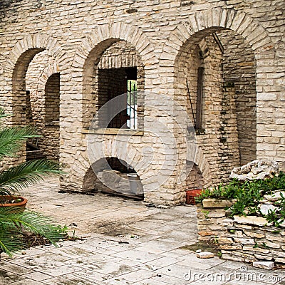 Set of Three Stone Arches into corridor patio Stock Photo