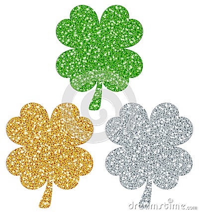 Set Of Three Straight Filled Shamrocks Sparkling Gold Silver Green Vector Illustration