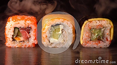 Set of three sushi rolls. Stock Photo