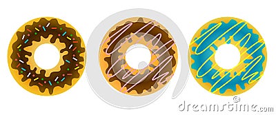 Set of three sweet donuts in the glaze and deco sprinkled Vector Illustration