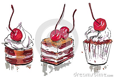 Set of three sweet tartlets with cherry, hand drawn marker sketch Vector Illustration