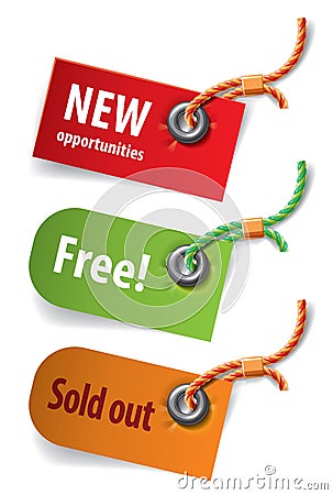 Set of three tags with cords Cartoon Illustration