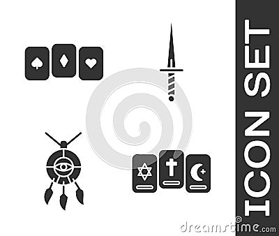 Set Three tarot cards, Playing cards, Dream catcher with feathers and Dagger icon. Vector Vector Illustration