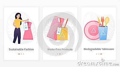 A set of three templates modern approaches to waste-free production and consumption. Innovative technologies with care Vector Illustration