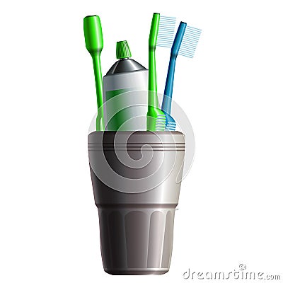 Set of three toothbrushes, toothpaste and cup Vector Illustration