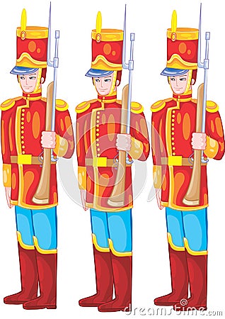 Set of three toy soldiers on guard, tin soldier, isolated object on a white background, vector illustration Vector Illustration