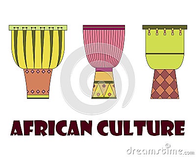 Set of three traditional African drums Vector Illustration