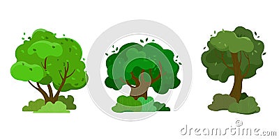 Set of three trees with green crown Vector Illustration