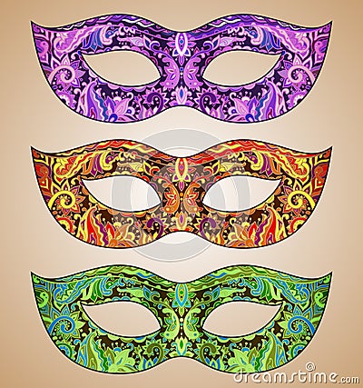 Set of three vector ornate floral Venetian carnival masks Vector Illustration