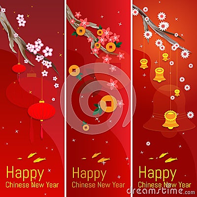 Set of three vertical Chinese New Year banners. Vector Illustration