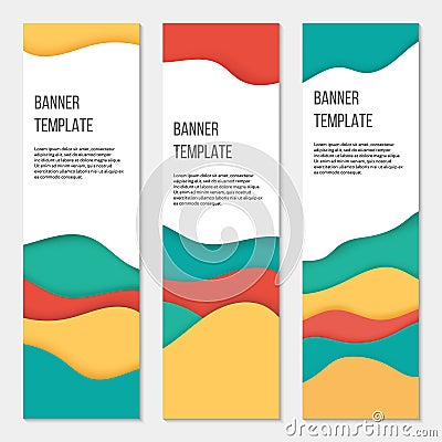 Set of three vertical colorful banner templates. Paper cut style Vector Illustration