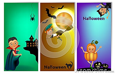 Set of three vertical Halloween banners with cute kids in costume . Halloween banner template with place for your text. Vector Illustration