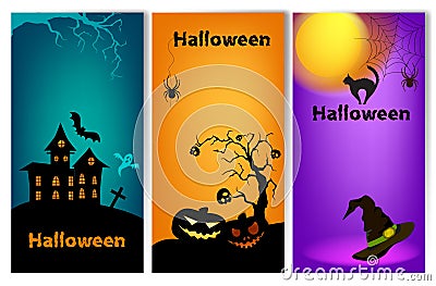 Set of three vertical Halloween banners. Vector Illustration