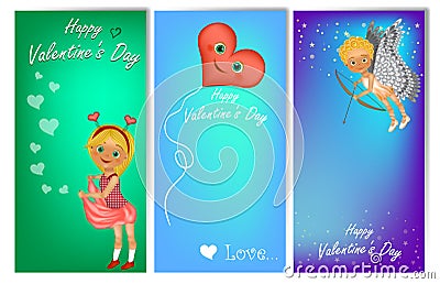 Set of three vertical Valentine`s Day banners with cute kids in costume Vector Illustration