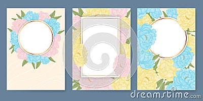 Set of three vertical vector banners with hand drawn pink, yellow and blue peonies with leaves on begie background Vector Illustration