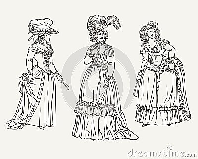 Set Of Three Vintage Fashion Dames Vector Illustration
