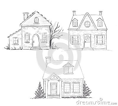 Set of three vintage sketches of village houses Cartoon Illustration