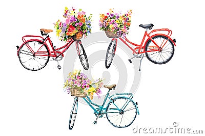 Set of three watercolor bicycles with flowers on white background Stock Photo