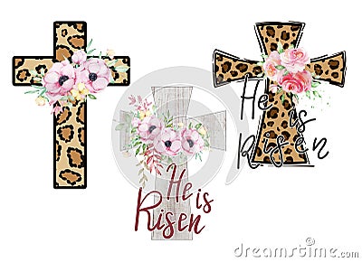 Set of three Watercolor Leopard Easter floral cross clipart on white background Stock Photo